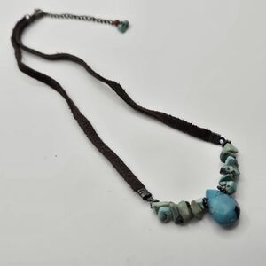 Natural Green Turquoise Chip & Carnelian Necklace Leather Cord Sterl Silver 925